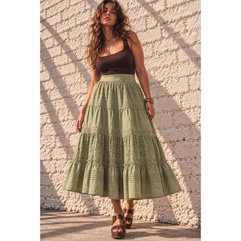 Vintage Forbidden Sage Green Cotton Eyelet Tiered Maxi Skirt Boho XL
